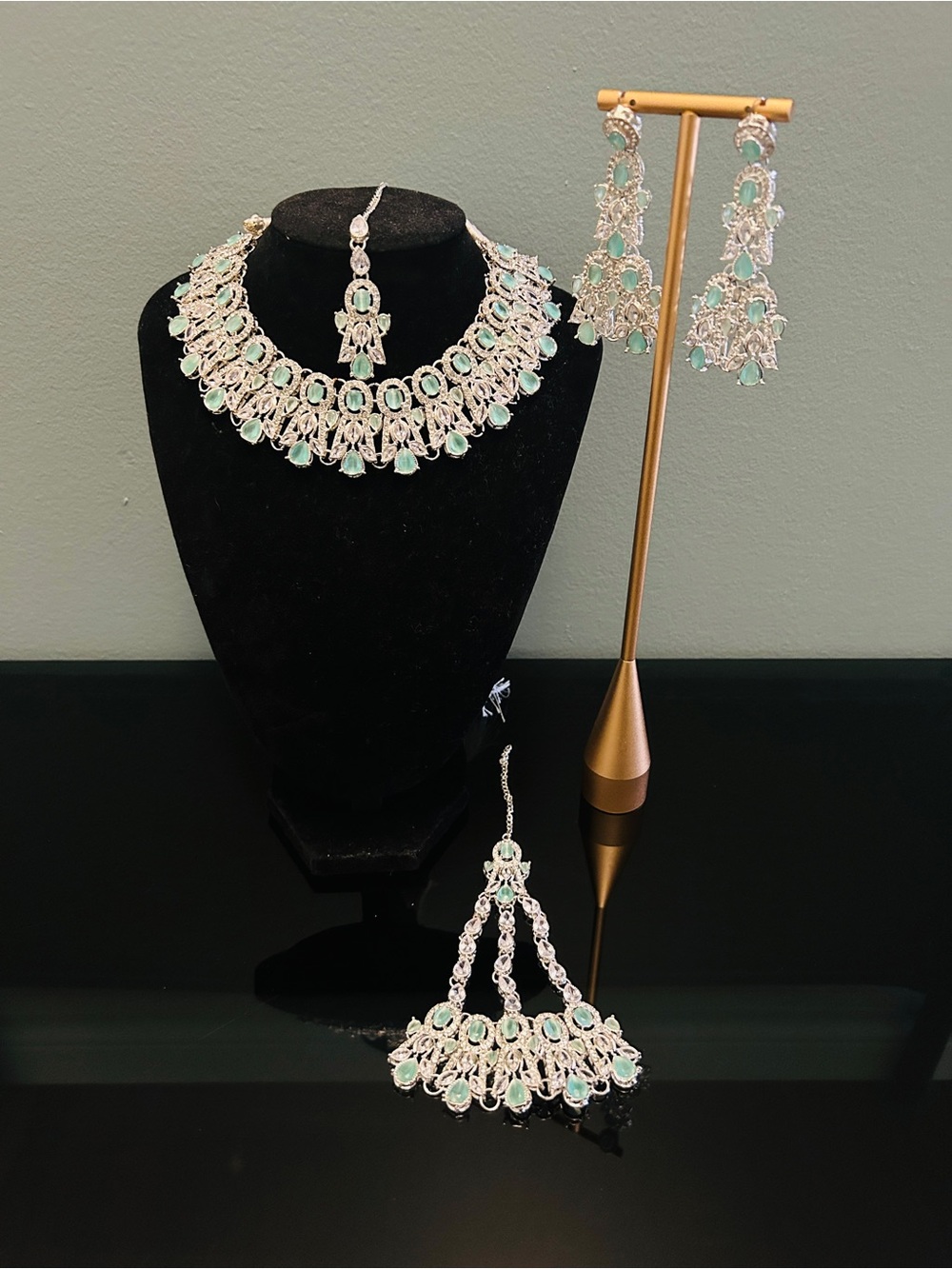 Silver-plated American Diamond Necklace with Earrings and Tikka set - Picture 6 of 6